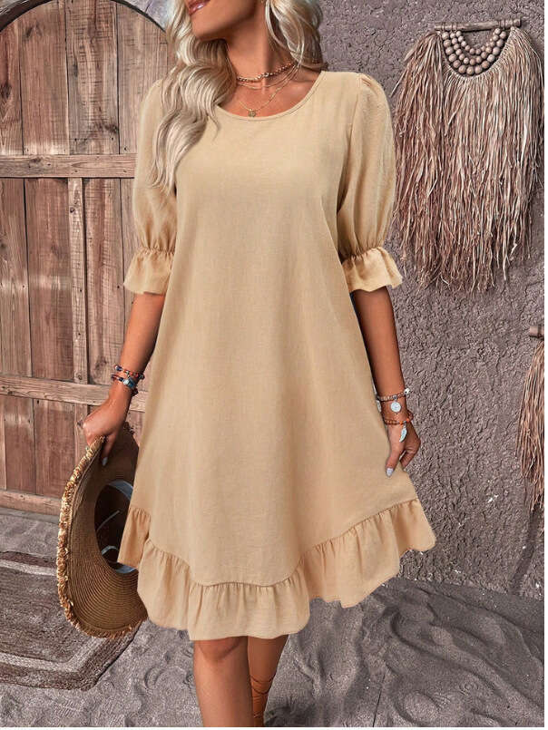 Spring Summer Women's Cotton Linen Mid-Sleeve Round Neck Solid Color Loose Fit Dress B5