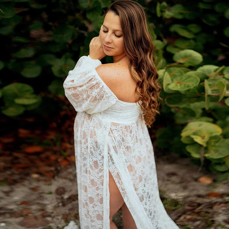 Maternity Dress Soft Stretchy Lace Off Shoulder Doubly Split A line Skirt Pregnancy Maxi Gown for Poshoot 250530