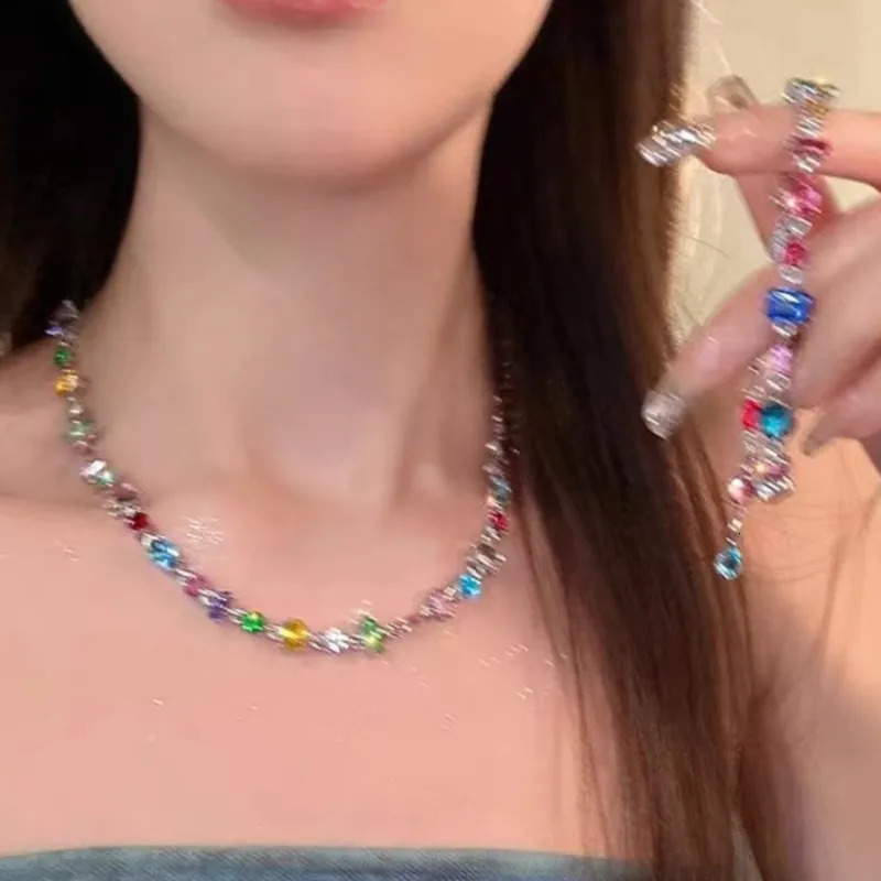 Boho Sweet Candy Colored Zircon Necklace Bracelet Jewelry Sets for Women Delicate Summer Chain Wedding Party Jewelry Gifts 250530