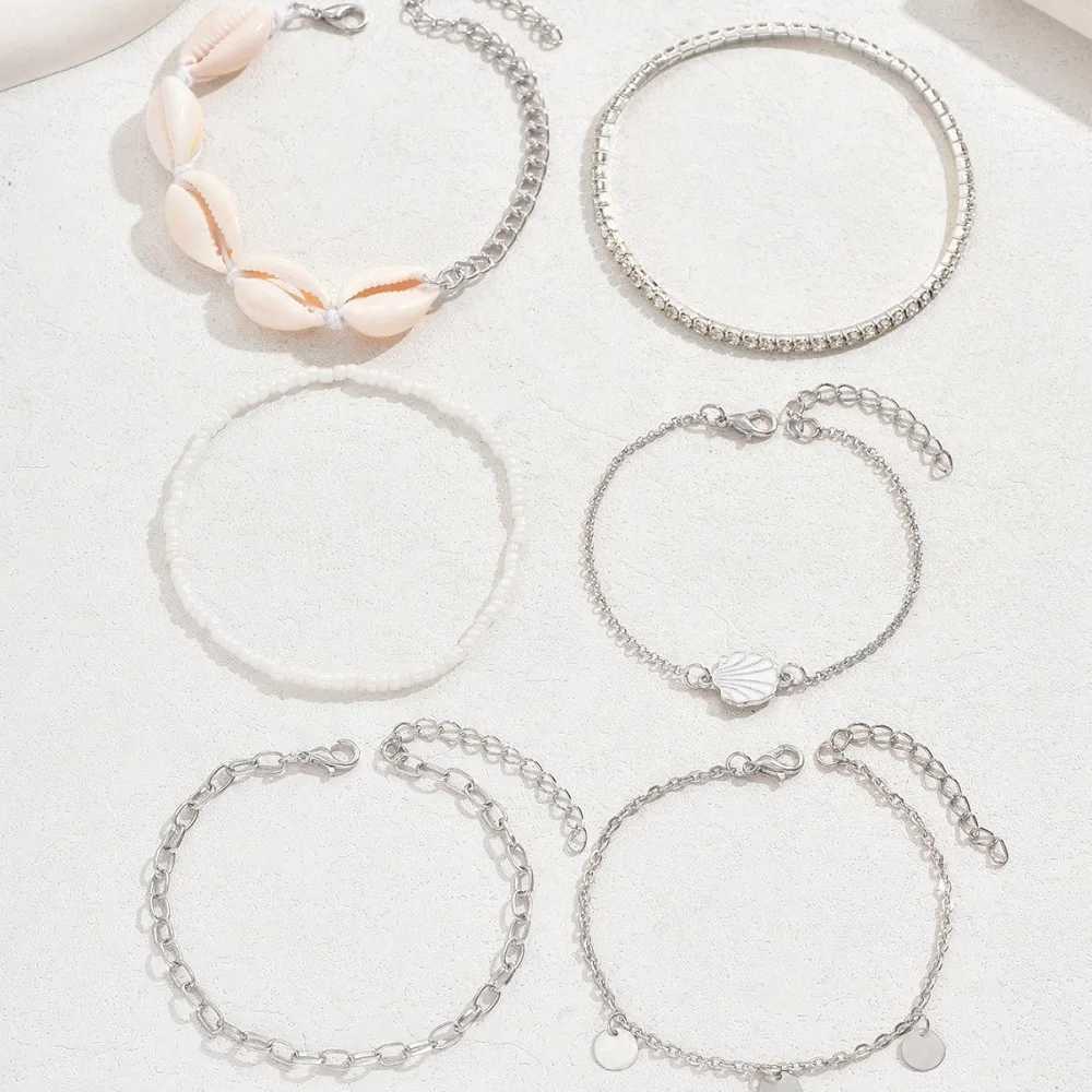 6Pcs / Set Boho Handmade Shell Seed Beads Anklet Set For Women Multilayer Broken Stones Summer Ocean Beach Foot Chains Jewelry W250604