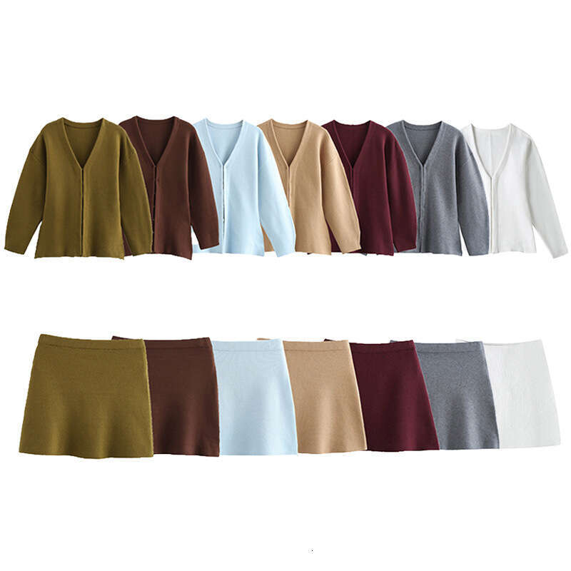 Women's Winter New Simple 8-Color V-Neck Knitted Slim Cardigan Jacket + Short Skirt Set B5