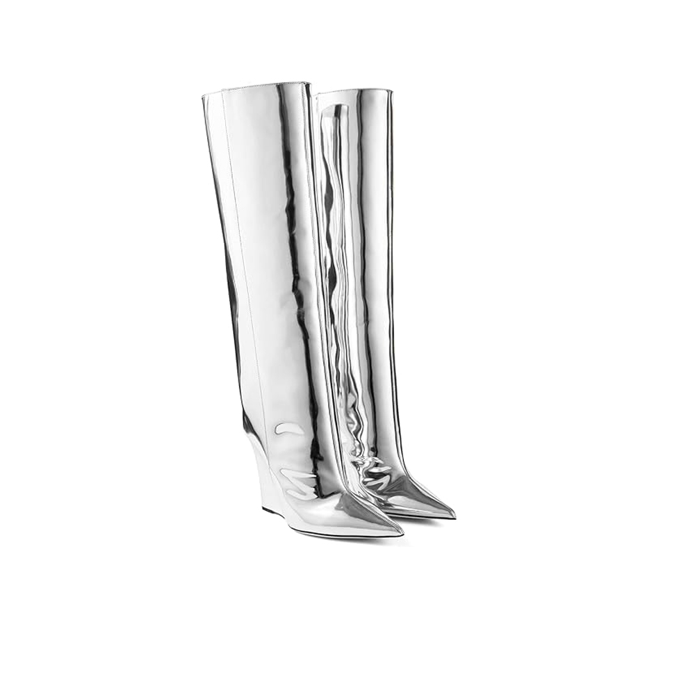 ARQA Ladies' Pointed-Toe Metallic Thigh-High Boots with Platform Sole