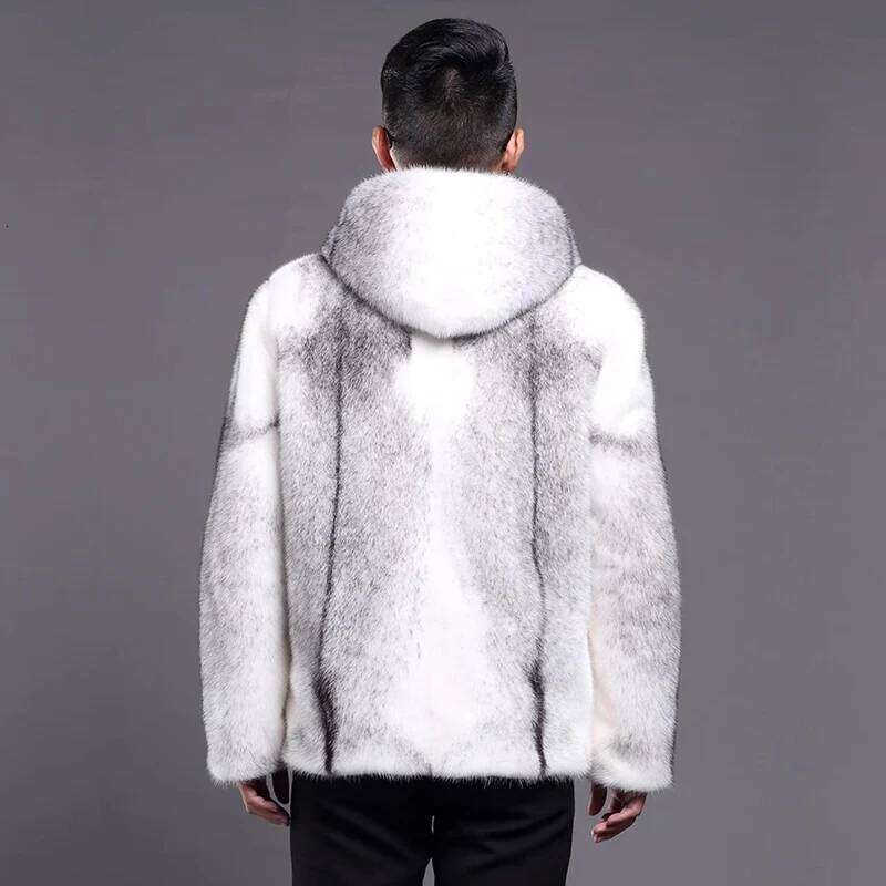 Men's fur mink coat hooded slim-fit zipper short casual jacket plus size