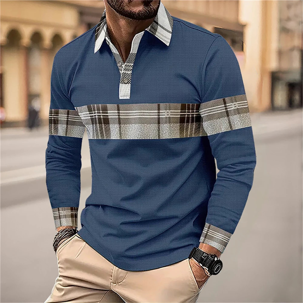 Fashion Flip Collar Office Polo Shirt Mens Breathable Leisure Long Sleeve Tops Spring and Autumn Plaid Casual Clothing 250604Z