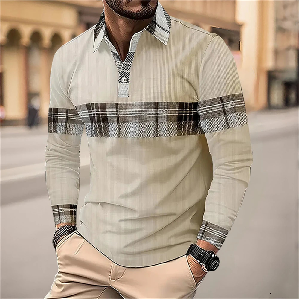 Fashion Flip Collar Office Polo Shirt Mens Breathable Leisure Long Sleeve Tops Spring and Autumn Plaid Casual Clothing 250604Z