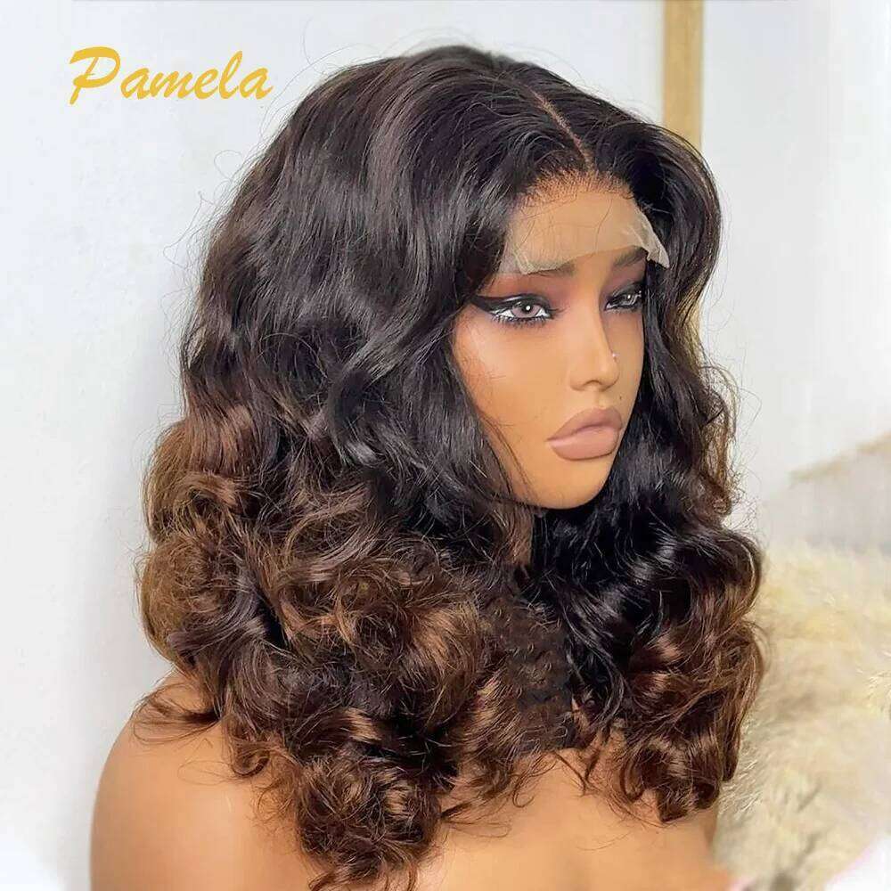 250% Density Ombre Blonde 1B/4 Brown Colored Loose Wave 13x4 HD Transparent Lace Frontal Glueless Human Hair Wig Ready To Wear