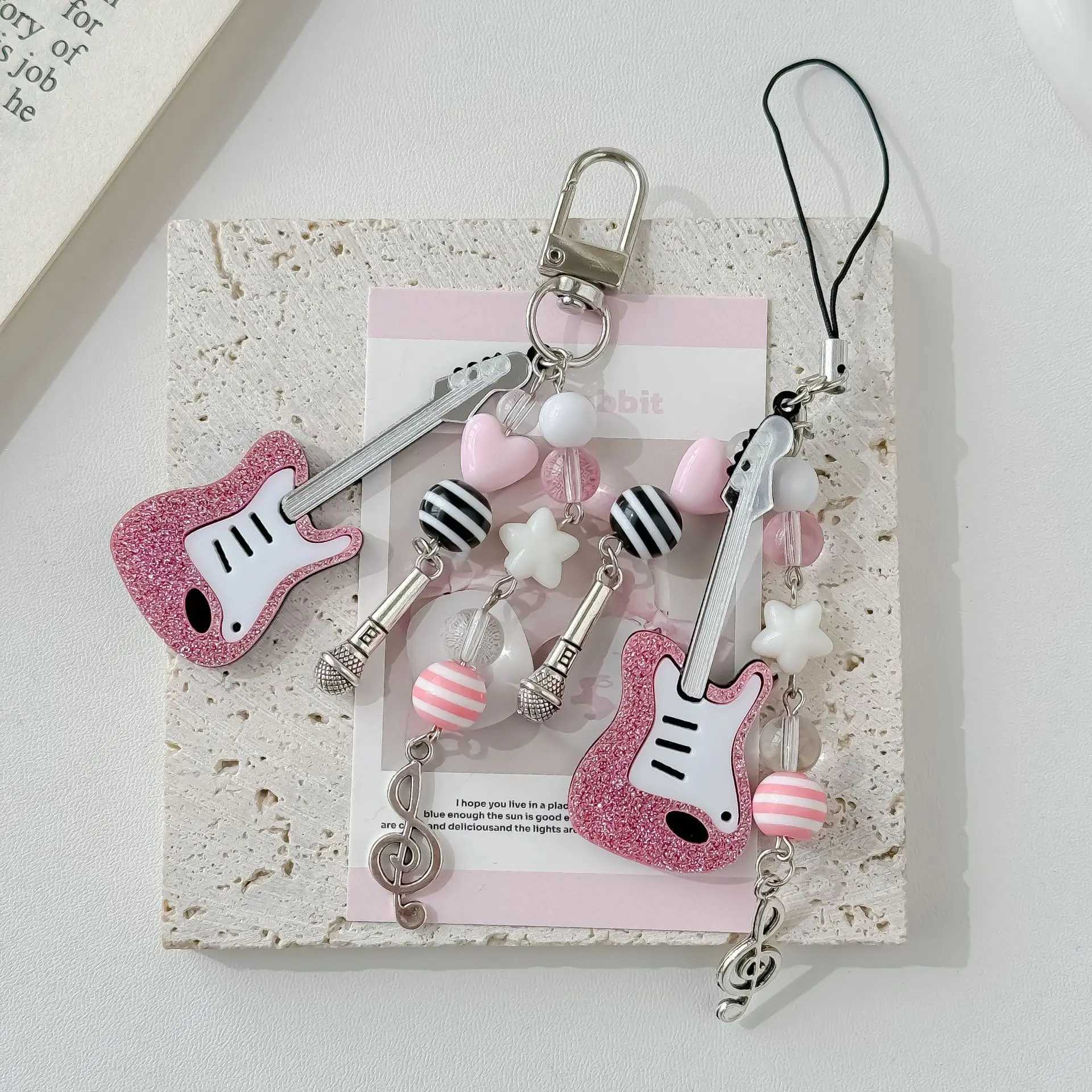 Cute Pink Musical Guitar Y2K Phone Charms Keychain Pendant Bag Phone Chain Cute Accessory Jewelry Gift for Girls Women W250604