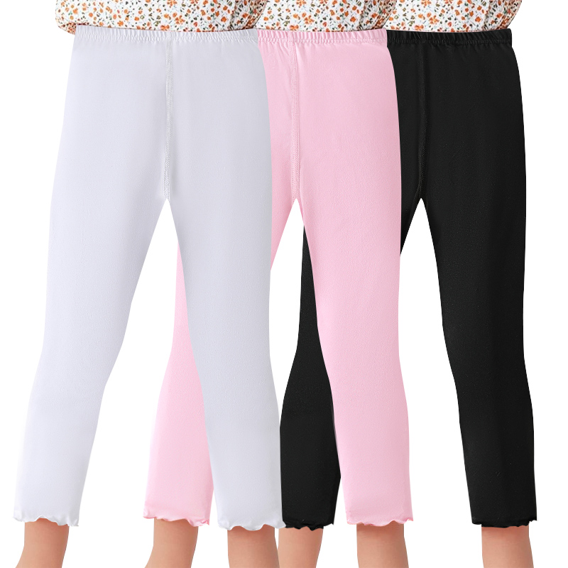 Girls' Fall Tights - Solid Color Slim Fit Knee-Length Pants for Ages 4-12 Year Girl's black fungus edge leggings