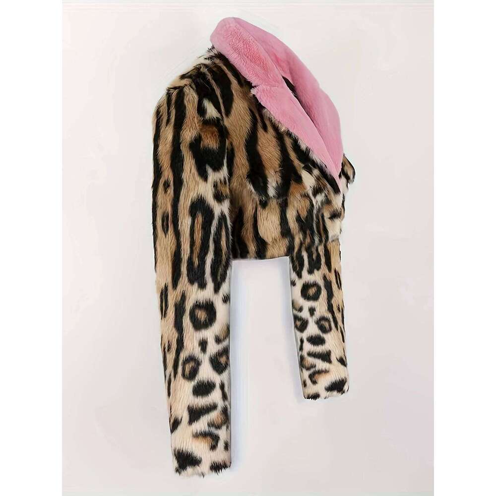 Women's Elegant Directional Faux Fur Leopard Print Coat - Autumn/Winter Wear, Fashionable Outerwear, Feel Fabric