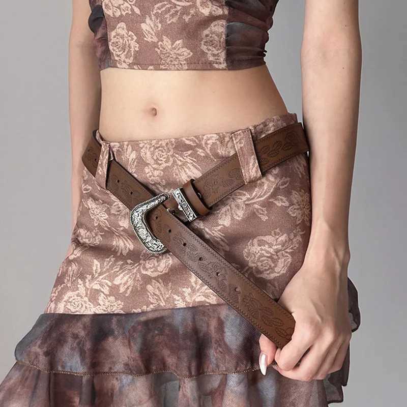 Y2K subculture retro engraved waist belt womens rose pattern brown pants belt niche design sense leather belt W250604