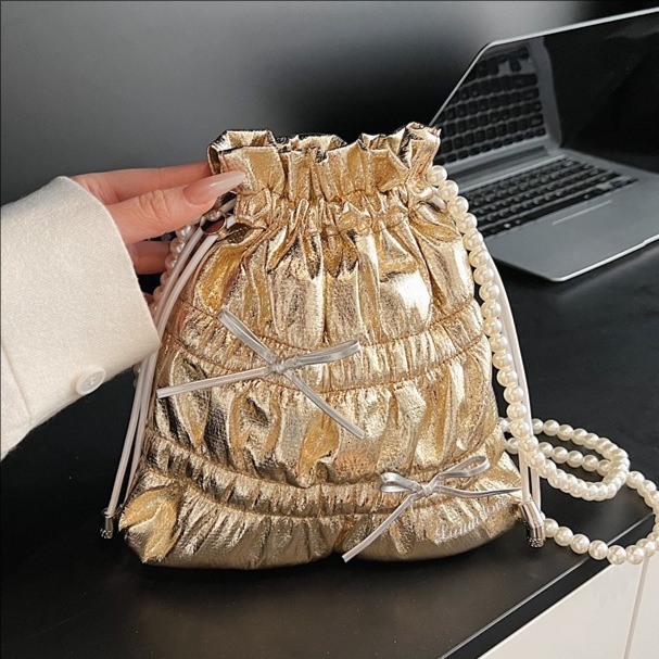 designer Trendy Fashion Bowknot Pleated Large Capacity Bucket Bag 2025 New Beaded Bright Color Travel Shoulder Crossbody Bag