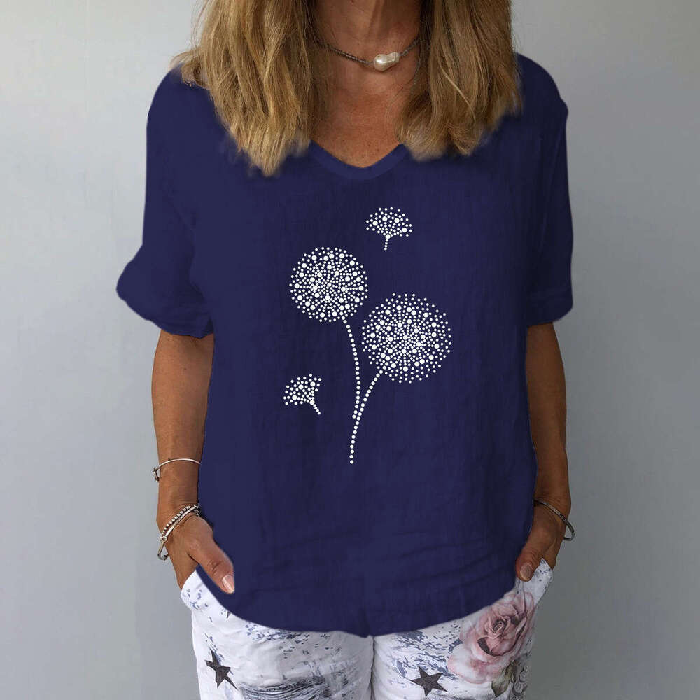 Short Sleeve Cotton Linen Loose Casual Dandelion Print Top B5