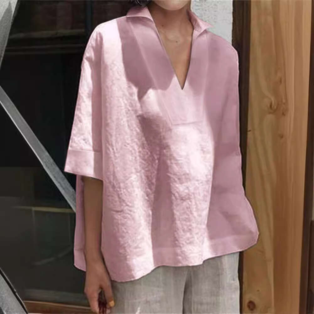 Spring Summer V-Neck Cotton Linen Versatile Solid Color Plus Size Loose Mid-Sleeve Women's Shirt B5
