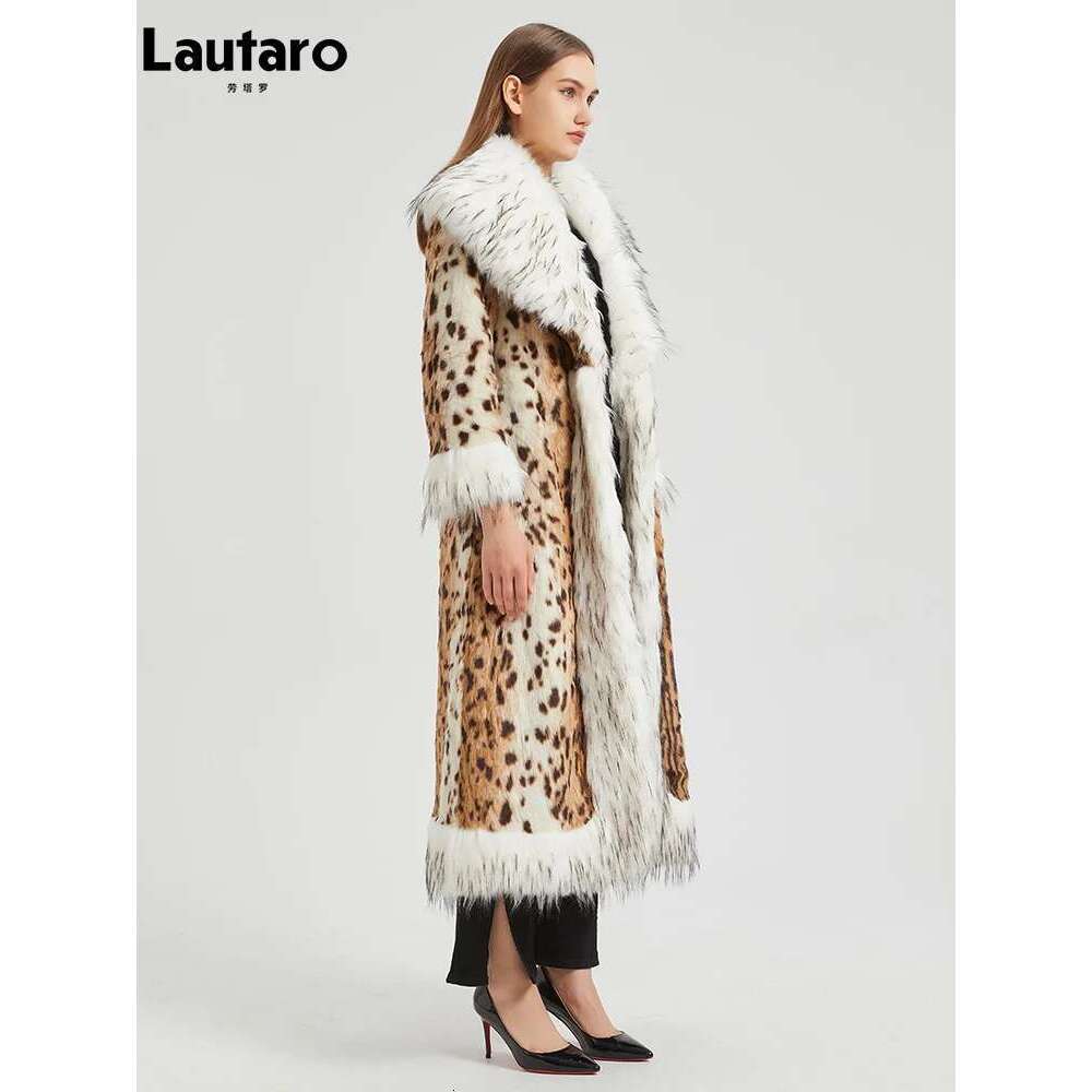 Lautaro-Faux Fox Fur Coat with Trim and Cuff for Women, Long Warm Thick Leopard Print, Furry Overcoat, Winter