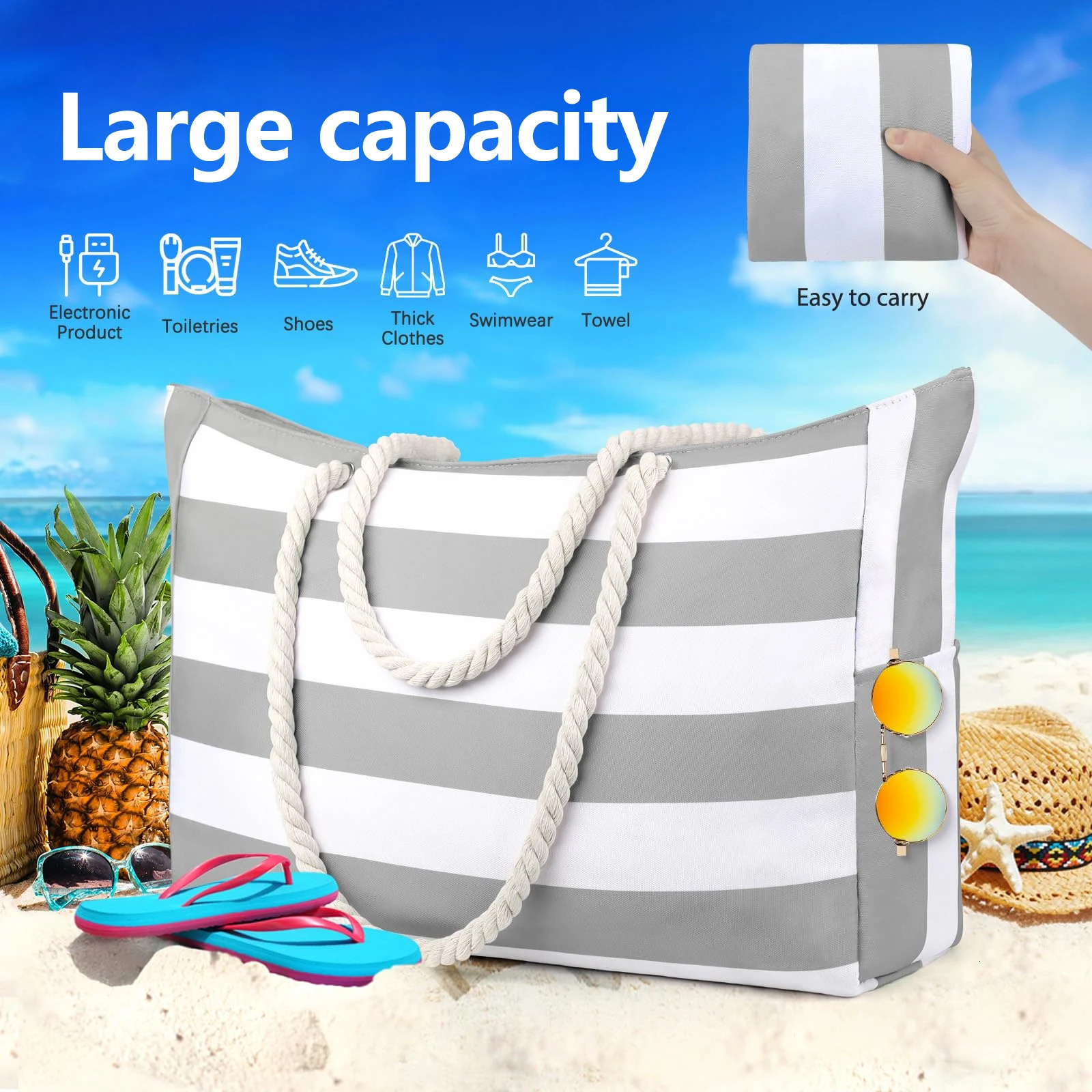 Striped zipper outer bag for outdoor travel and vacation waterproof and sand resistant canvas convenient folding beach bag-zmt 250603