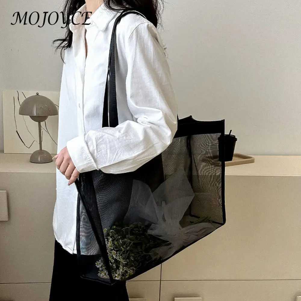 Fashion Shopping Bag Large Capacity Mesh Top-Handle Handbag Solid Color Storage Bags Transparent All-match for Beach Swimming 250603