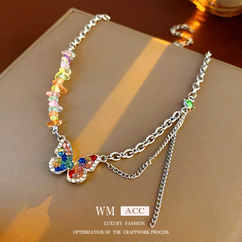 Titanium steel diamond inlaid butterfly necklace with dopamine personality design, clavicle chain, niche, light luxury