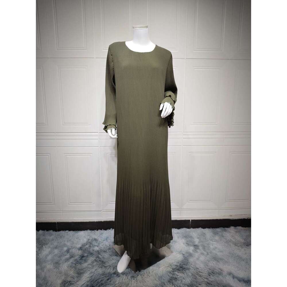 Mq155 Muslim Dubai Pullover Abaya Chiffon Pleated Dress Solid Color Women's Clothing B5