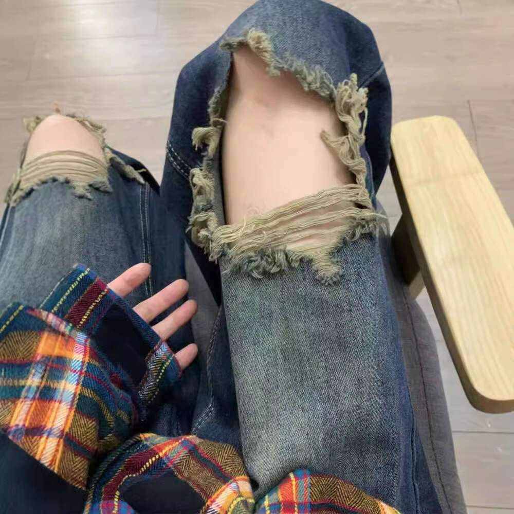 American Style Ripped Straight Leg Jeans For Women, Summer Thin Plus Size, High Waist, Loose Fit, Slimming, Wide Leg, Floor-Length Pants B5