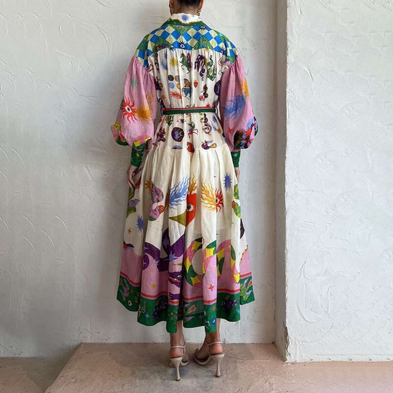 Women's Fashion Casual Personality Print V-Neck Tie Waist Long Sleeve Flared Dress B5