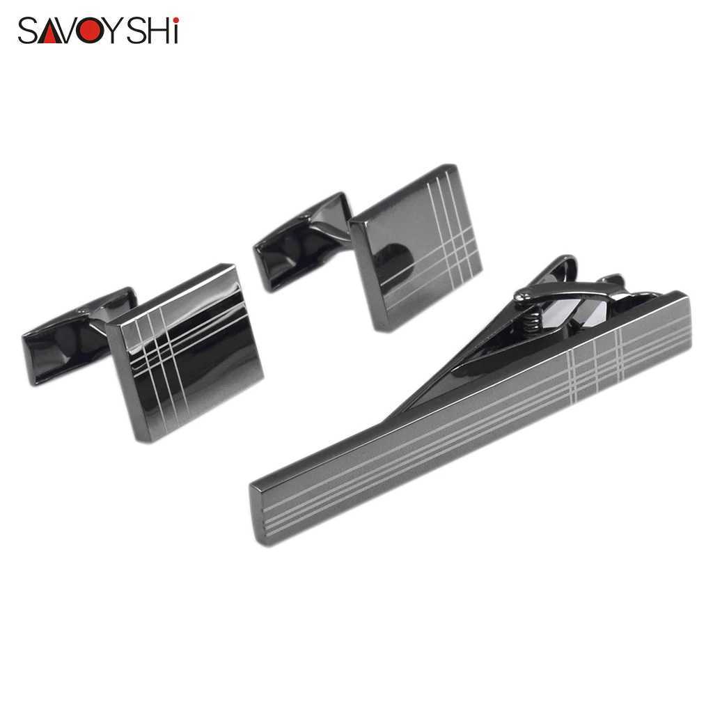 SAVOYSHI Classic Square Black Laser Stripe Business Mens Cufflinks Tie Clips Set High Quality Necktie Pin Tie Bars Clip Clasp W250604