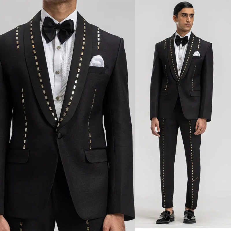 Stylish Beaded Wedding Tuxedos 2 Pieces Set Jacket Pants Shawl Lapel Men Suit Classic Fit Customized Groom Wear Party Suits trajes para hombre