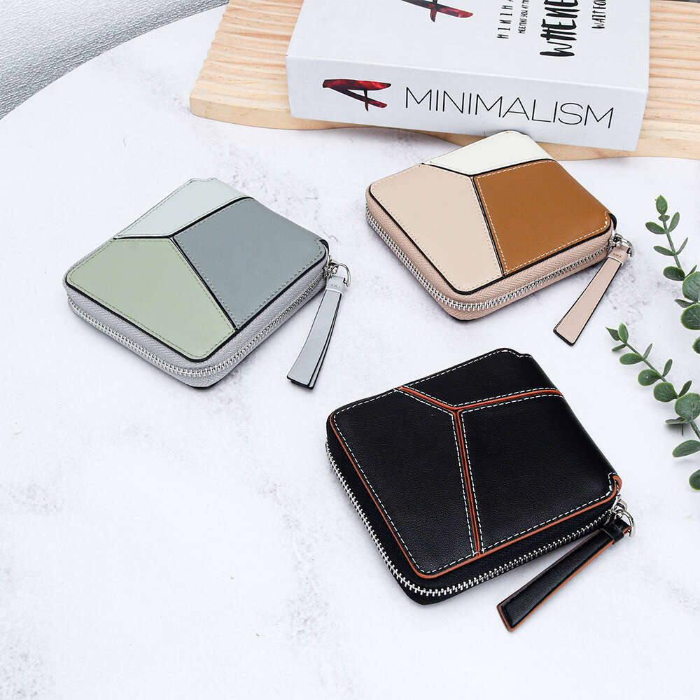 Genuine Leather Patchwork Color-Block Short New Large Capacity Multi-Card Slot Zipper Wallet Cowhide Coin Purse for Women