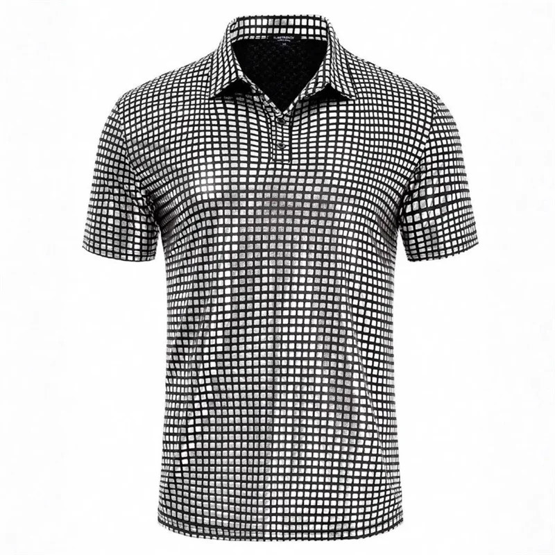 Fashion Men Short Sleeved Checkered Breathable Polo Shirt Red Blue Gold Homme High Street Casual Small Stretch Pullover Tops 250604Z