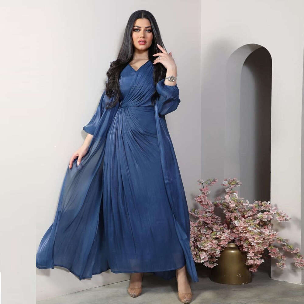 Mq056 Modest Shiny Silk Dress Dubai Turkish Robe Fashion Abaya Soft Two-Piece Set B5