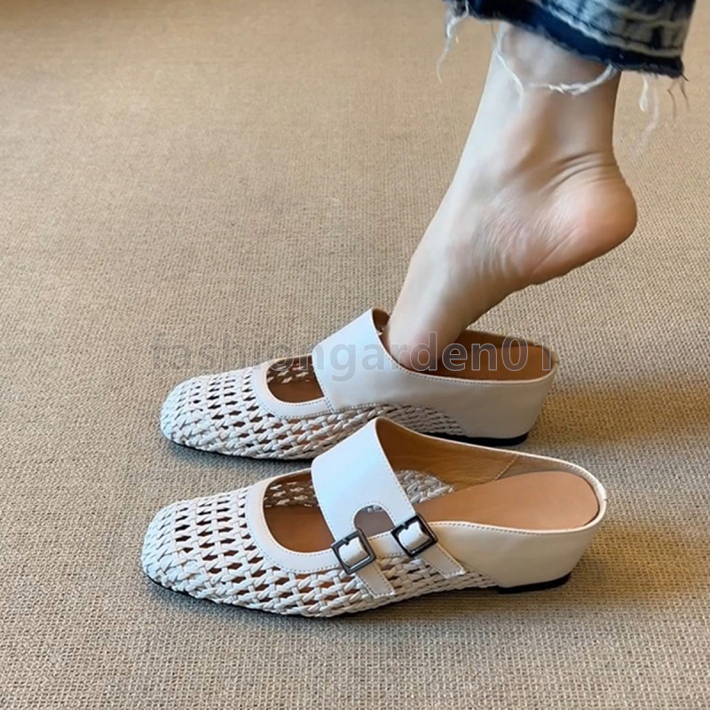 new summer slides designer sandals half slippers fashion retro Square Toe woven Slope Heels Hollow Out Breathable womens sandal daily casual soft-sole