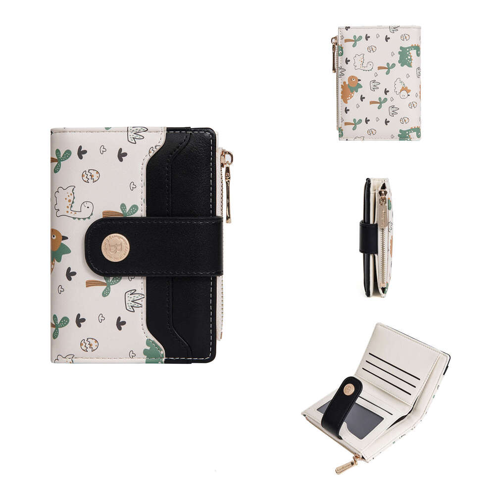 New Women's Short Baellerry Korean Version Cartoon Dinosaur Print Snap Button Wallet Zipper Coin Purse