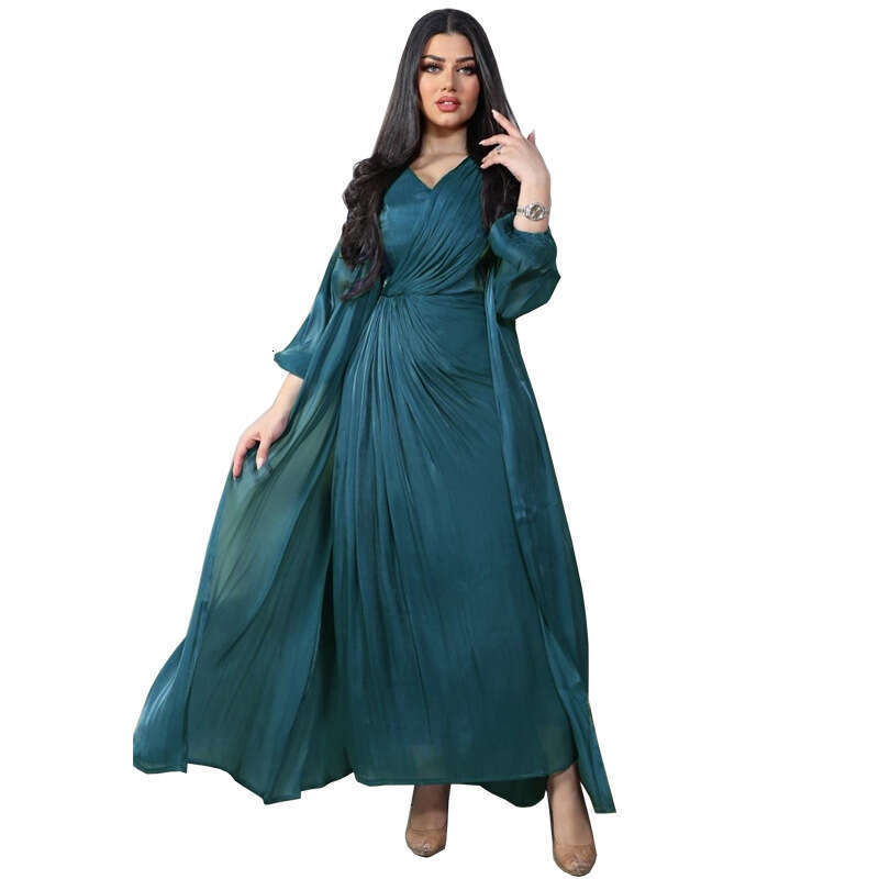 Mq056 Modest Shiny Silk Dress Dubai Turkish Robe Fashion Abaya Soft Two-Piece Set B5