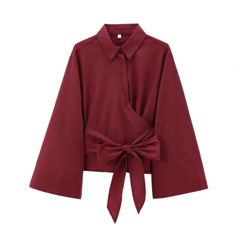 Women's Clothing Spring New Style Double Collar Poplin Slim Fit Bow Tie Short Shirt B5