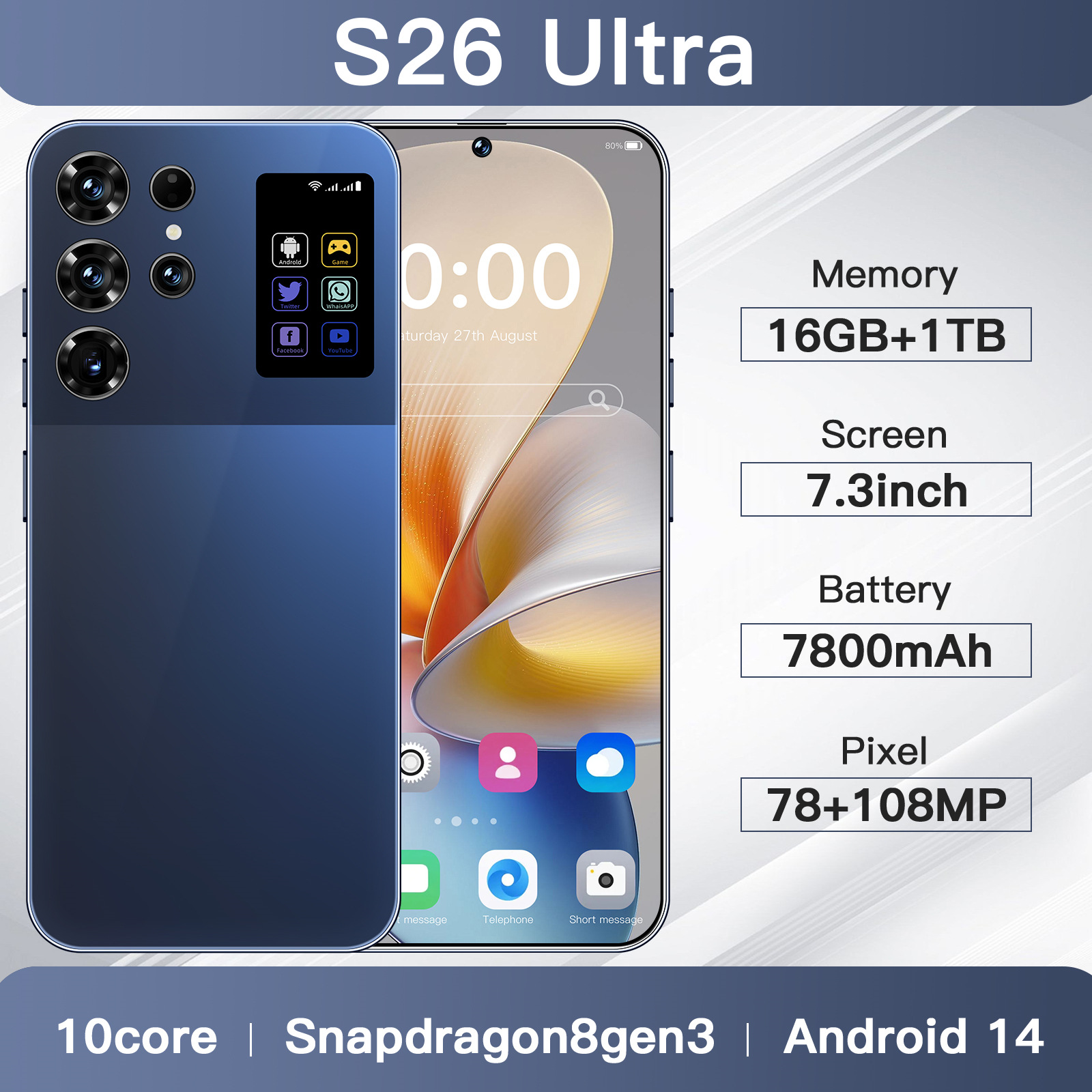 Cellphones S26Ultra Original 5G Smartphone 7.3HD Dual SIM Card Cell Phone16GB+1TB 7800mAh Android 14 Global Version Mobile Phones NFC