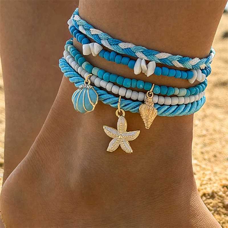 Multilayer Charm Red Cherry Anklets for Women Vintage Boho Shiny Zircon Starfish Shell Conch Foot Leg Ankle Chain Beach Jewelry W250604