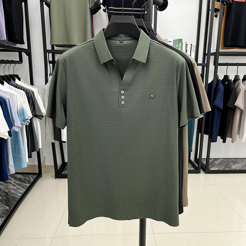 Personality plaid jacquard short sleeve polo shirt men trend embroidery unique button Vneck n fashion Tshirt 250604Z