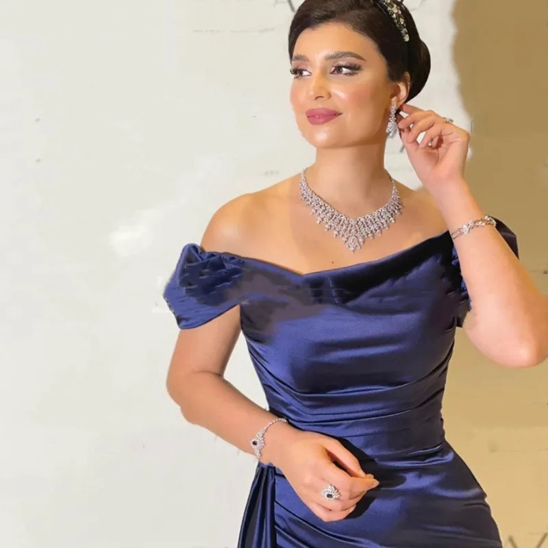 Tianmei Elegant Navy Blue Evening Dress Boat Neck Short Sleeve Prom Dress With Train Satin Prom Gowns For Women Off Shoulder
