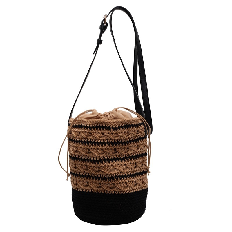 designer Woven Cotton Thread Bucket Bag Single Shoulder Patchwork Striped Bucket Bag Versatile Vacation Beach Bag Drawstring Crossbody Handbag
