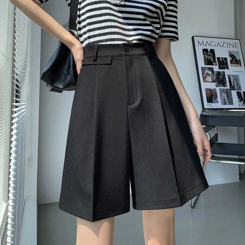 Seoulish Summer Womens Suit Shorts Elegant Wide Leg High Waist Solid Pockets Minimalism Loose Short Trousers Female 250603