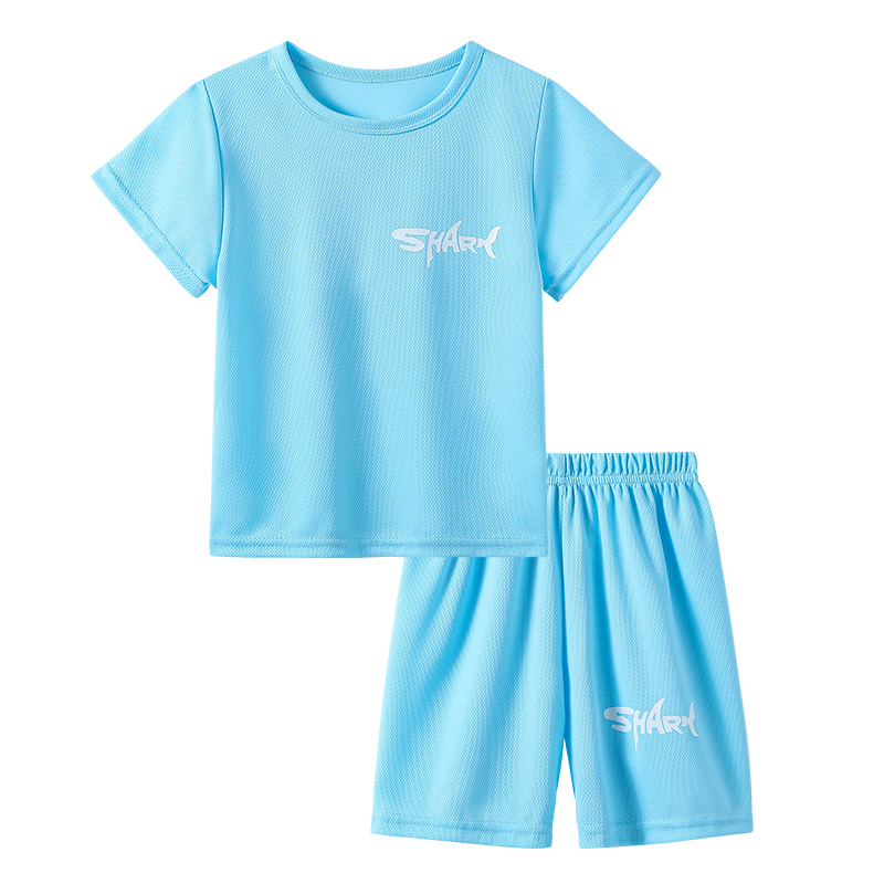 Kids Outdoor Activity Gear: Lightweight Short Sleeve Top with Matching Pants Featuring Sharks and Letters for Boys Aged 4-12 Years Old
