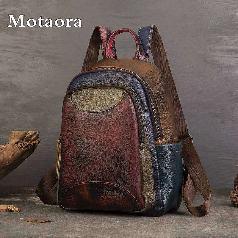 MOTAORA 2025 Soft Cowhide Leather Backpack Large Capacity Two-Tone Spliced Hand Painted College Student Travel Hiking Casual Bag