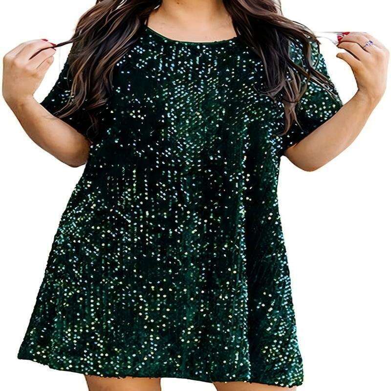 Spring Summer European and American Sequin Short Sleeve Round Neck Ruffle Loose Dress 2025 Elegant Versatile New Trendy Fashion Ins