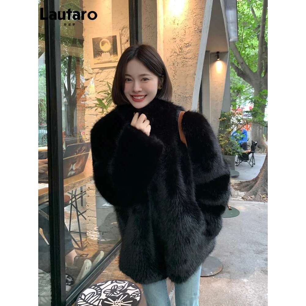 Lautaro Autumn Winter Black Soft Thick Warm Hairy Shaggy Faux Fox Fur Coat Women Stand Collar Loose Casual Fluffy Jacket