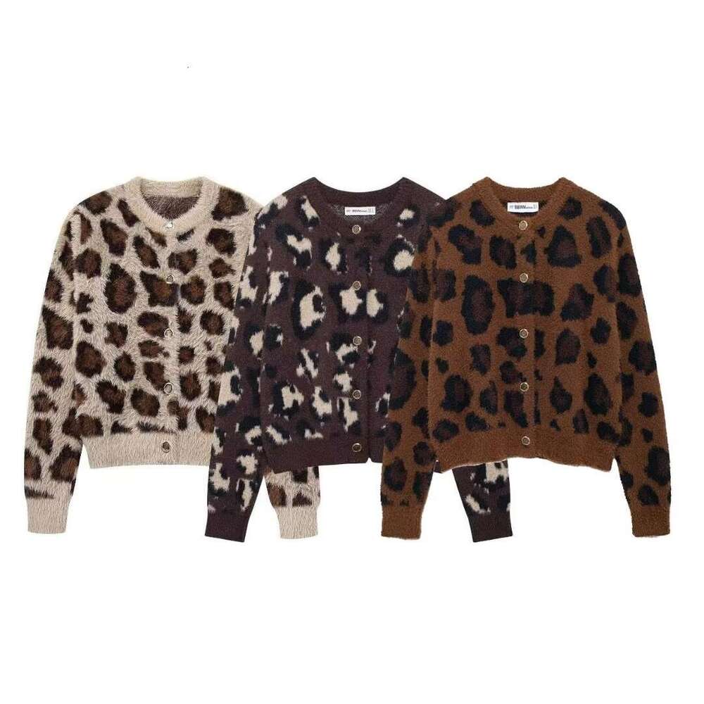 Women's Fashion Autumn Winter New Animal Print Jacquard Sweater Faux Fur Knit Cardigan Coat B5