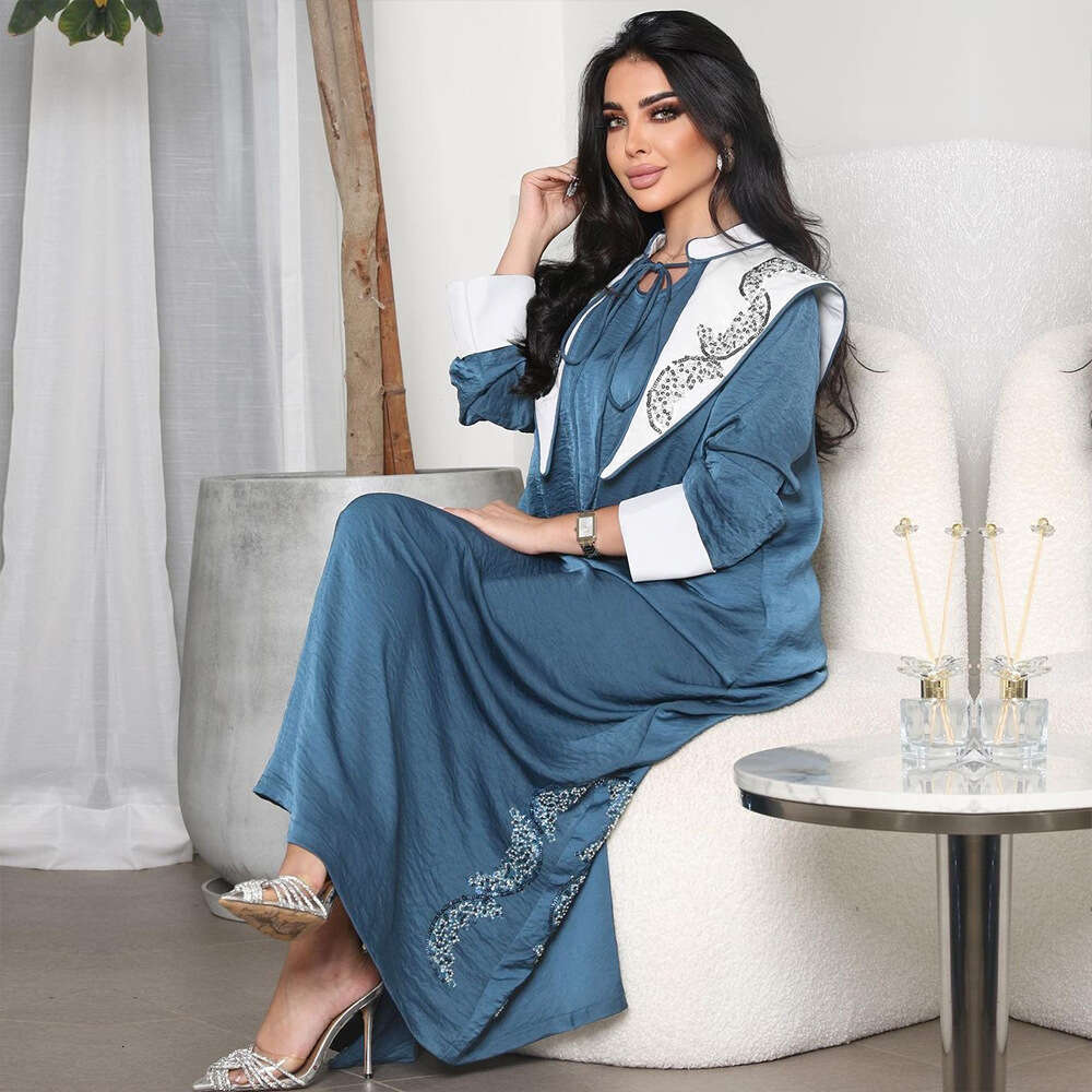 Because0174 Fashion Clothing Rhinestone Tie Color Block Maxi Dress For Women Jalabiya B5