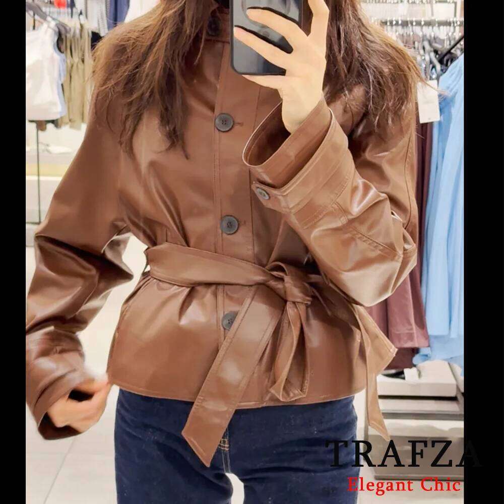 TRAFZA Women Stylish Imitation Leather Short Trench Coat With Belt 2025 New Spring Fall Fashion Commuter High Street Jacket