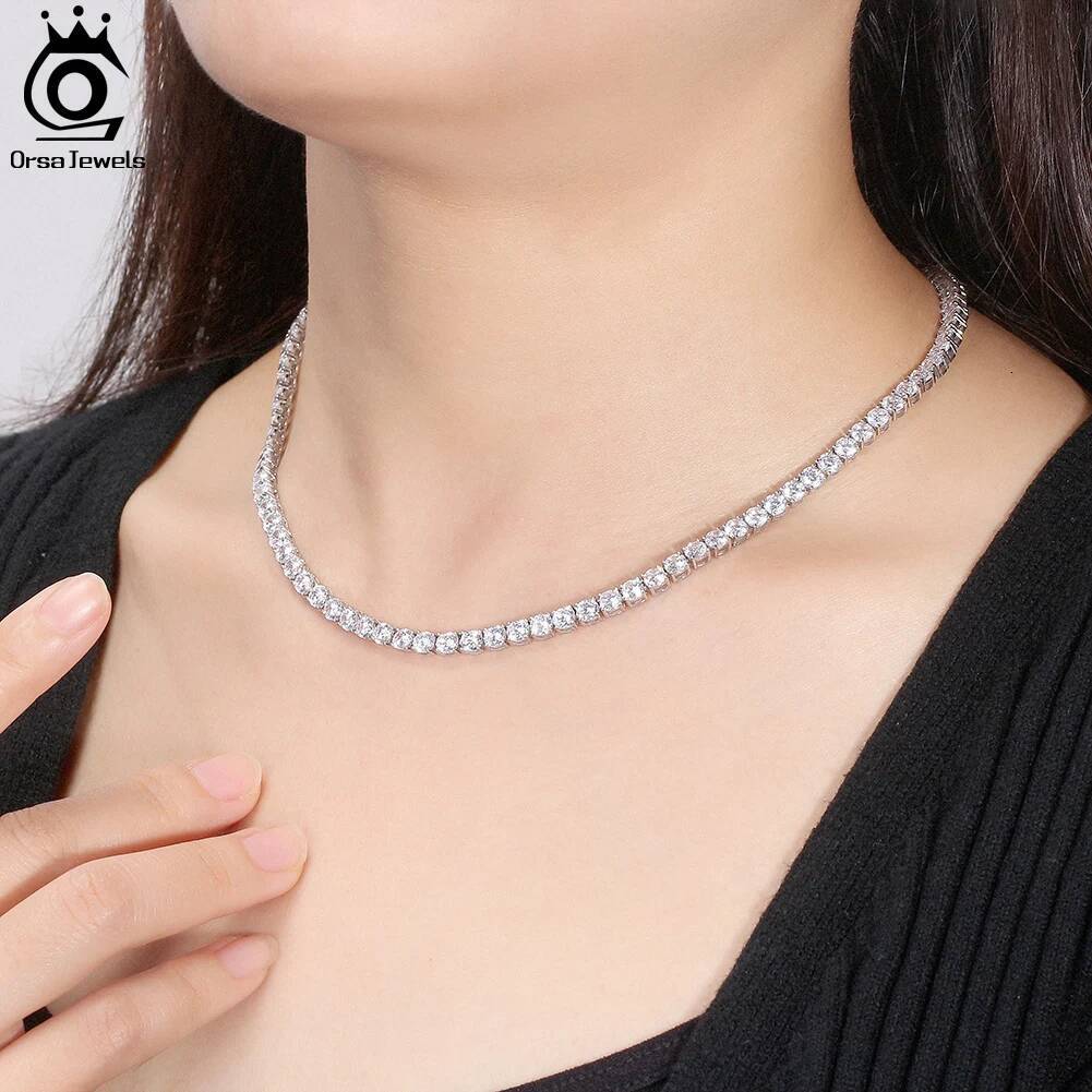ORSA JEWELS 2MM 3MM 4MM Full Cubic Zircon Tennis Necklace 5A CZ Sterling Sier Sparkling Dias Choker Chain SC73