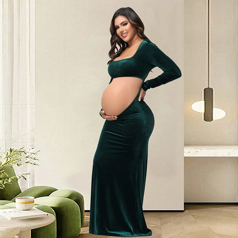 Maternity Pography Dress Velvet Sexy Exposed Belly Long Sleeve Backless Square Neck Women Poshoot Dress 250530