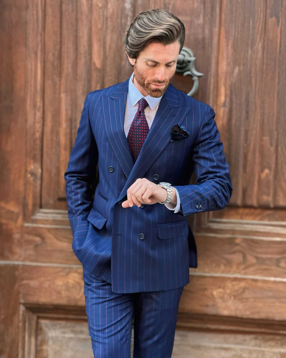 Fashion Pinstripe Wedding Tuxedos 2 Piece Set Jacket Pants Peaked Lapel Men Suit Handsome Customized Groom Wear Party Suits