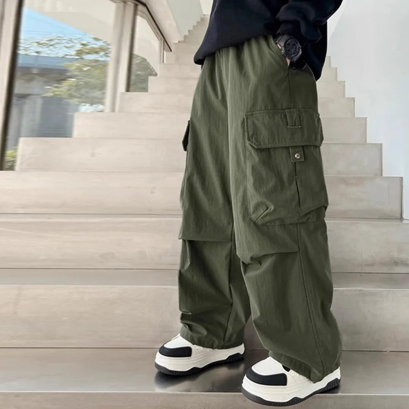 Boys Cargo Pants Children Spring Casual Trousers Children Autumn Straight Loose Pants Teenager Solid Color Wide-leg Clothing 250528
